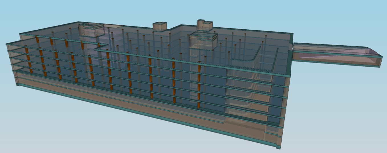 Modelo tridimensional de la estructura de siete plantas del aparcamiento Virgen de la Peña